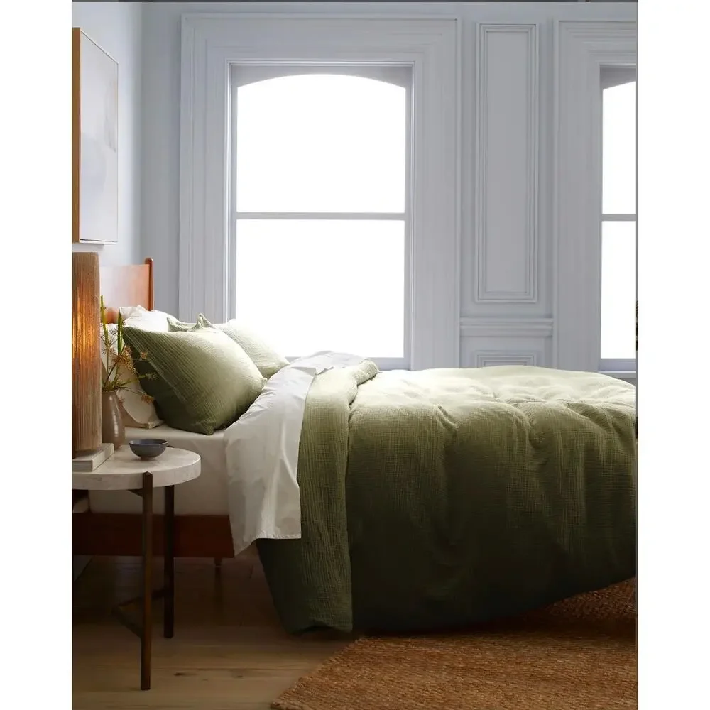 Quince Organic Cotton Gauze Airy Duvet Cover 3Pc Set King Cal King Olive Green